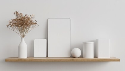Illustration of a minimalist shelf arrangement with a white vase of dried flowers and various white objects
