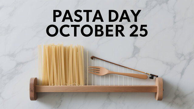 Noodles, tableware, and text represent the culinary creativity of pasta day, used for food promotion and holiday promotion scenes.