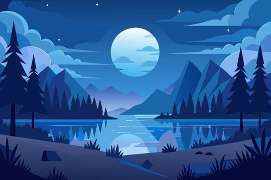 Tranquil night landscape with moonlit lake mountains and pine trees illustration