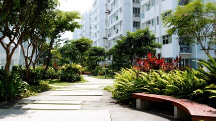 Obraz premium Lush greenery and paved walkways between apartment buildings.