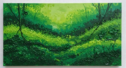 Lush green forest landscape painting, vibrant colors, textured brushstrokes.