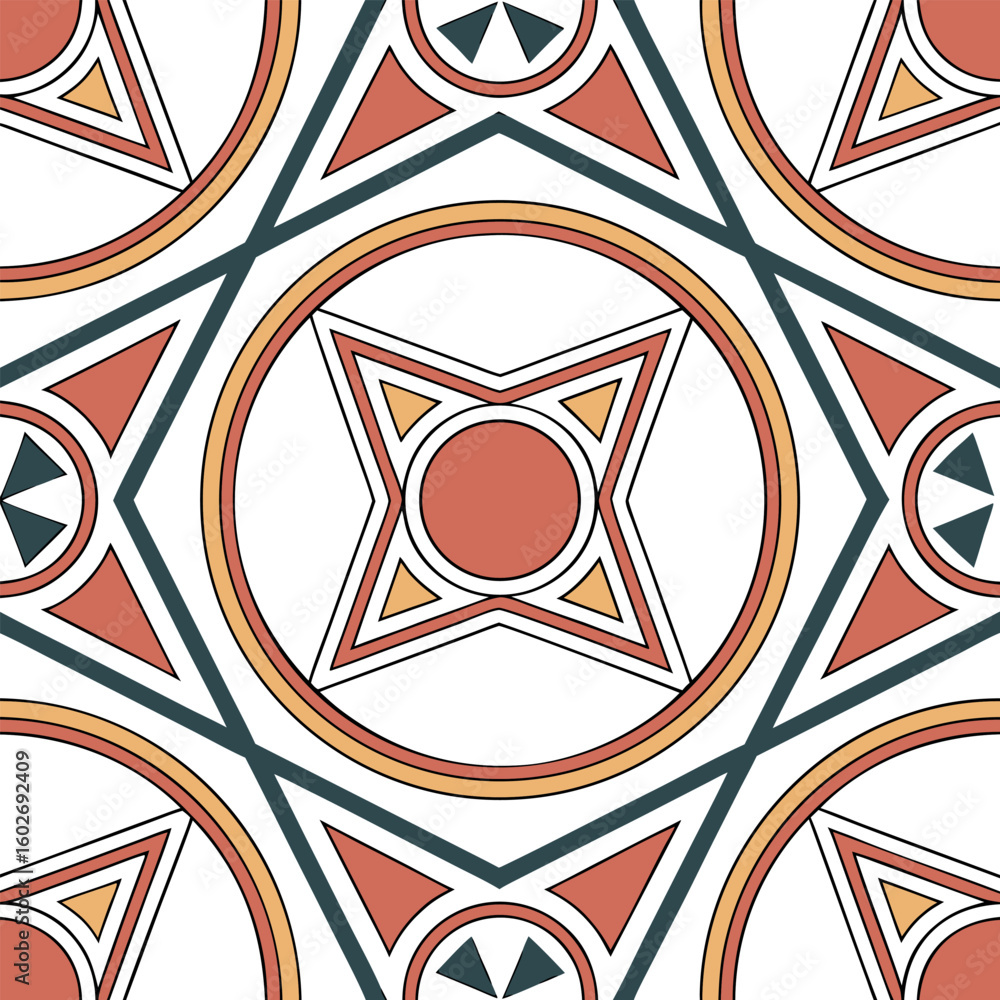 Poster geometric pattern featuring circles stars and triangles in a symmetrical and colorful arrangement de