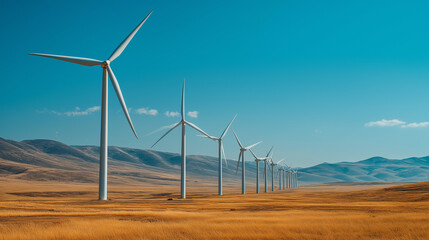 Wind turbines on a grassy plain under clear blue sky, photorealistic HDR image