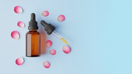 Illustration of a dropper bottle of amber serum surrounded by delicate pink rose petals on a soft blue background