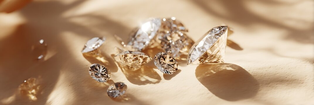 Abstract diamond-shape jewelry on warm tan surface with soft natural shadows
