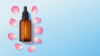 Illustration of a glass dropper bottle of amber serum surrounded by delicate pink rose petals on a soft blue gradient background