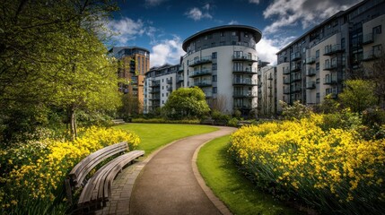 Naklejka premium Modern apartment buildings nestled within a park-like setting.