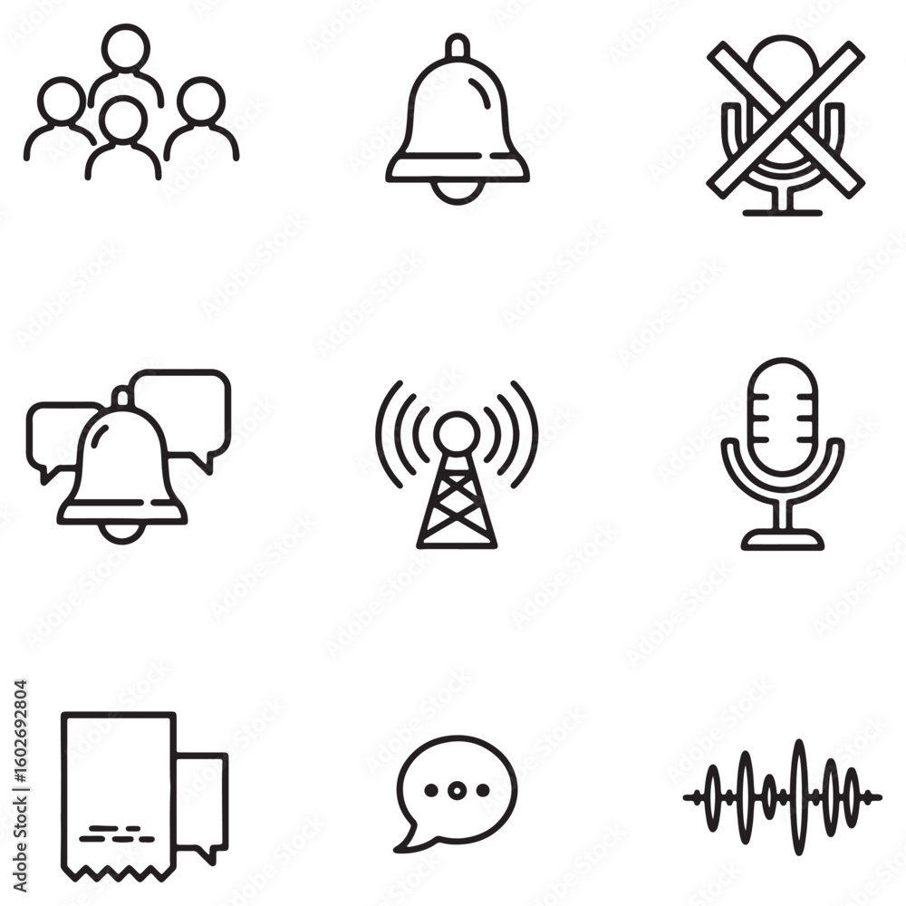 Poster collection of modern line art icons depicting communication notifications and connectivity symbols