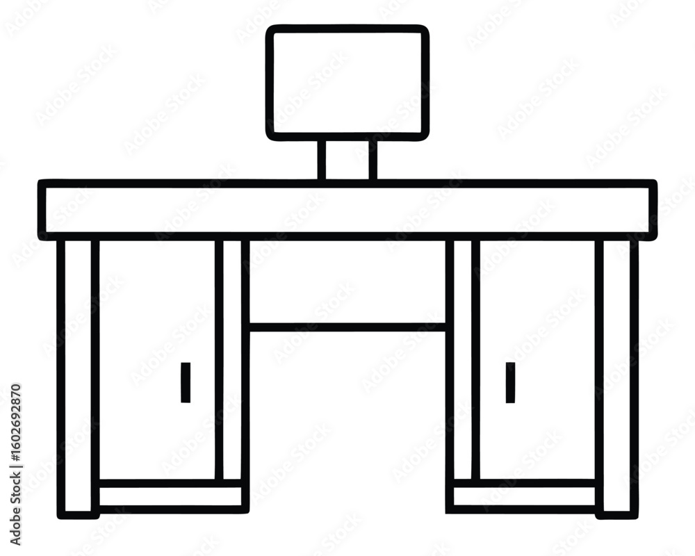 Poster a minimalist line drawing of a desk with a computer monitor ai generated