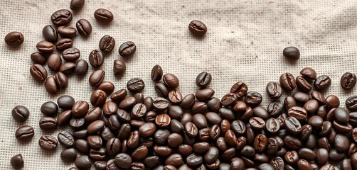 Obraz premium Dark roasted coffee beans scattered on textured vintage linen, linen background, vintage