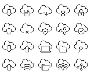 Cloud computing web icon set, Cloud storage line icons collection, Cloud computing sheet icon, Data upload download sync backup access, Cloud security sharing file access symbols