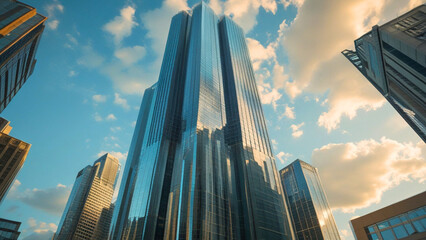 towering skyscraper rises with an air of modern elegance. The building, made of glass and steel, reflects the bustling city below.	
