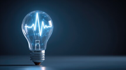 Medical tech meets lighting, smart bulb glowing blue with transparent heartbeat data hovering above