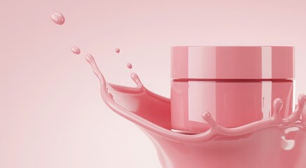 Illustration of a pink cosmetic cream jar is captured midsplash in a vibrant pink liquid