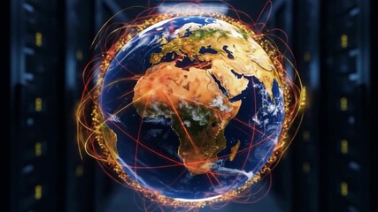 Global Network Connection: Earth with Data Streams in a Server Room, Representing Worldwide Communication - Powered by Adobe