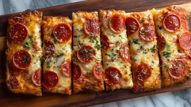 Pepperoni flatbread pizza sliced and ready to serve
