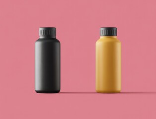 Illustration of two contrasting bottles one black and one yellow displayed against a vibrant pink background