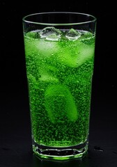Green Sparkling Soda with Ice in Glass