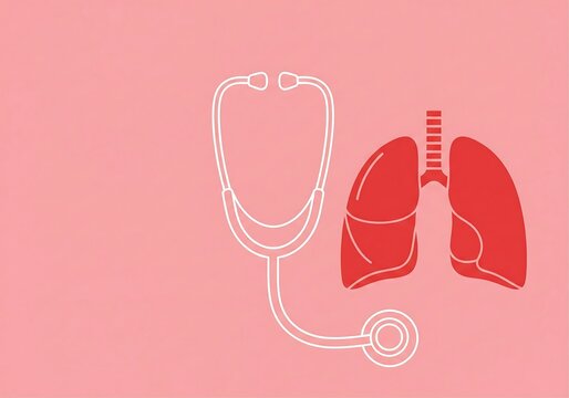 Vector image of a stethoscope and human lungs, with a pink background and empty space on the left. World lung cancer awareness day. Health concept, lung care.
