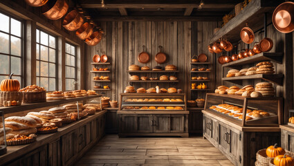 Cozy Bakery Interior with Autumn Display of Bread and Pastries