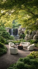 Outdoor seating area with a fire pit, nestled beneath lush trees, overlooking a serene waterfall
