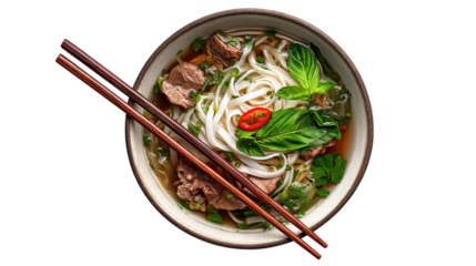Delicious Pho Soup Bowl with Beef and Fresh Herbs