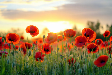 Obraz premium Poppies bloom vibrantly in a field at sunset Generative AI