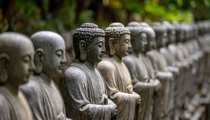 Many serene Buddha statues in a row