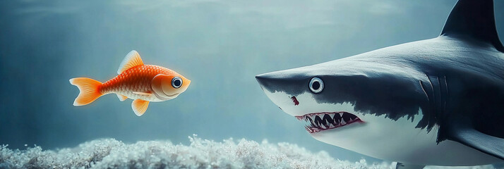 Small fish encounters large predatory shark underwater Generative AI