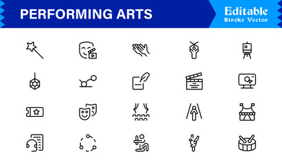 Performing Arts Professional Minimal line icon set – Modern outline symbols of theater masks, ballet shoes, music notes, stage curtains, orchestra, dance, drama