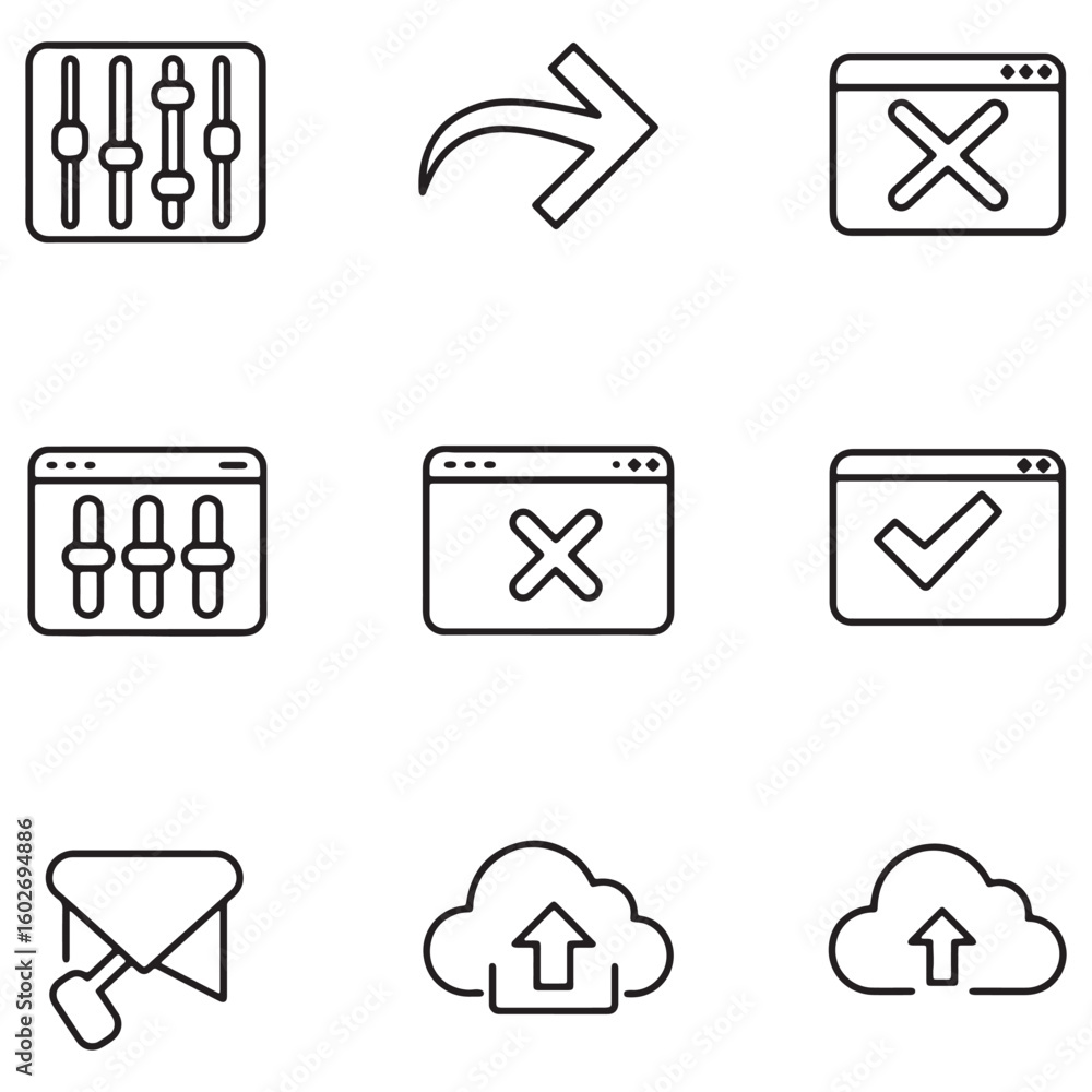 Poster collection of outlined interface icons featuring control panels, cloud uploads, and interface action