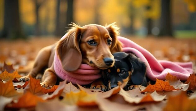 Long haired dachshund resting under a blanket with its pup