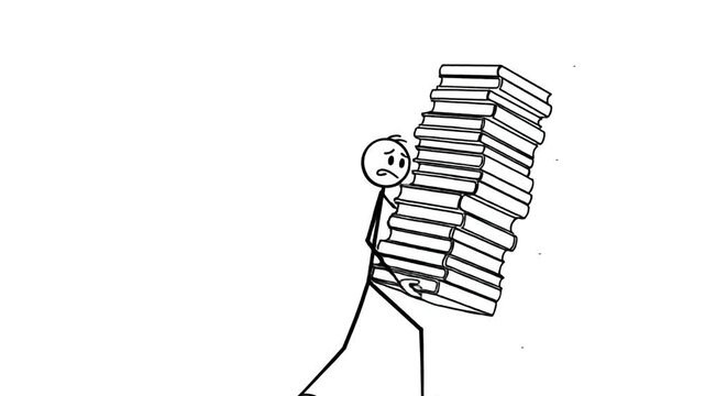 Overwhelmed Stick Figure Carrying a Tower of Books