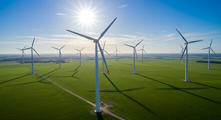 Wind turbines in a green field under a bright sun