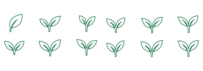 Leaf sprout icon vector set, green leaves plant eco logo symbol simple graphic illustration set, vegan fresh herb pictogram shape sign, organic natural healthy logotype image clip art