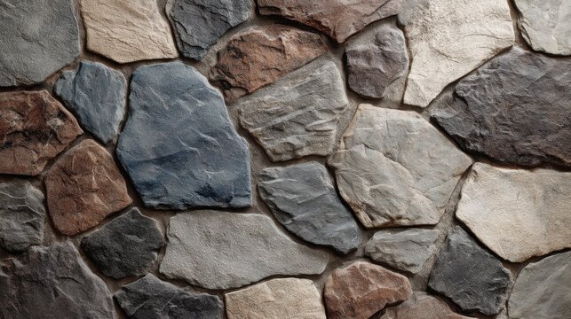 Textured natural stone wall with irregularly shaped rocks in various earth tones