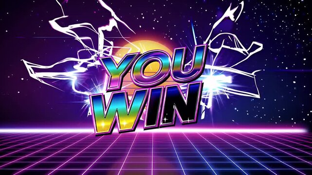 dynamic retro themed 4K animation glowing &ldquo;You Win&rdquo; text appearing disappearing over neon grid starry effects reminiscent joyful vintage video arcade victories from