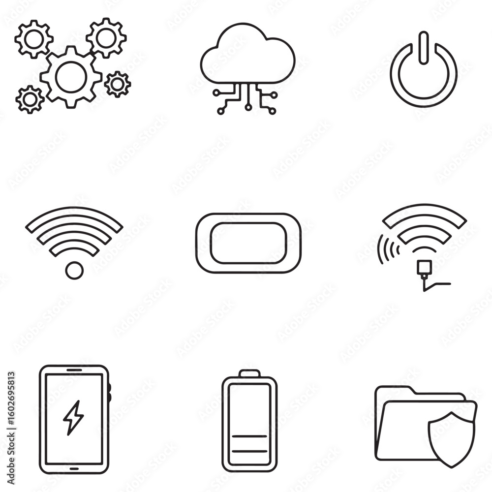 Poster collection of simple black and white technology icons for web and mobile application design