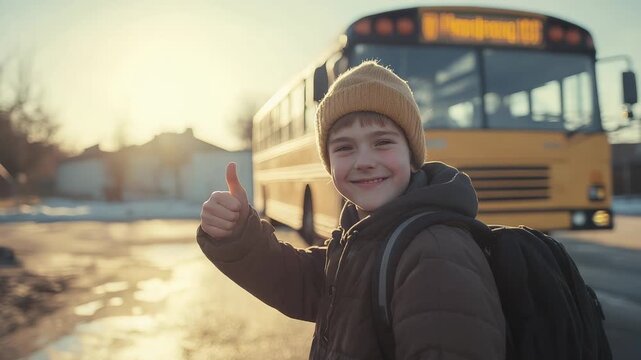 Smiling schoolboy with a backpack giving a thumbs up gesture near a yellow bus on a sunny winter day, feeling excited about returning to school after the holiday break