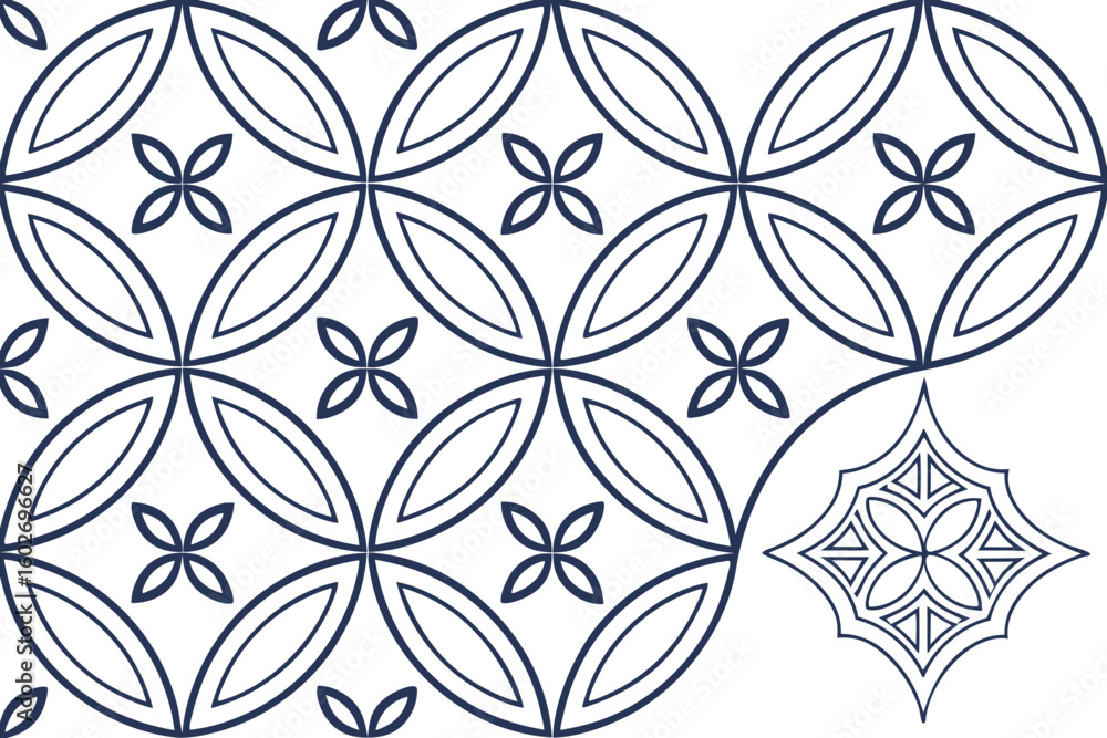 Poster elegant seamless pattern featuring stylized floral motifs and overlapping circles in a repeating des