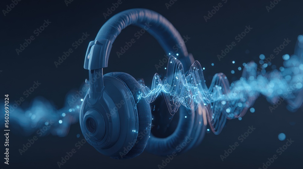 Poster stylized headphones with artificial intelligence chip and glowing waveform data overlay