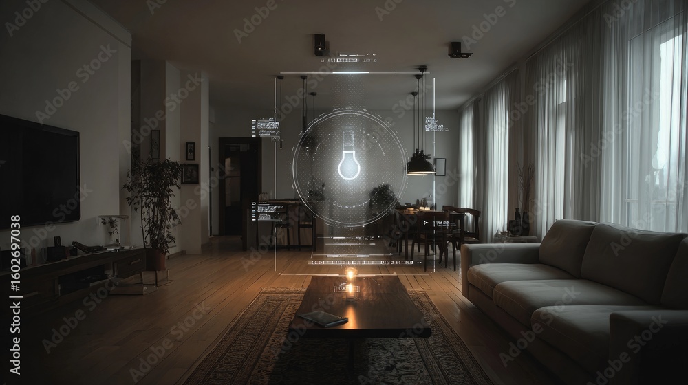 Poster tech-enhanced smart bulb design with heartbeat detection hud overlay in a clean modern interior
