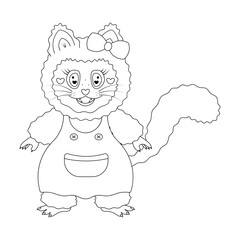 Female cat in a sundress. Cute kitten with a bow on the ear. Sketch. Vector illustration. Fluffy cat in a dress with straps with buttons and a pocket, hearts in the eyes, with fangs, whiskers.