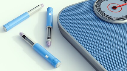 A 3d rendering of light blue medical injector pen and a bathroom scale, the monitoring and management of body weight as part of a weight loss journey.
