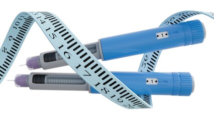 3D rendering of a GLP-1 agonist injector pen, a weight loss medication, with a medical measuring tape or ruler spiraling dynamically around its form.