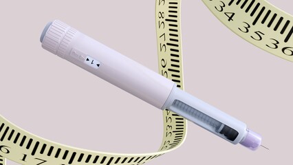 3D rendering of a GLP-1 agonist injector pen, a weight loss medication, with a medical measuring tape or ruler spiraling dynamically around its form.