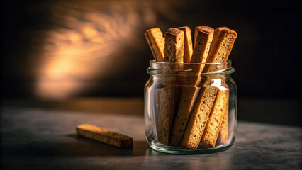 Delicious crispy rusks in a glass jar on a dark table illuminated by warm light.