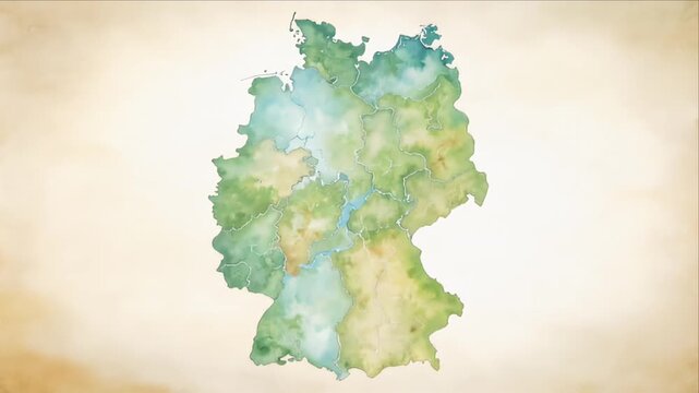 A watercolor map of Germany with varied hues and detailed regions