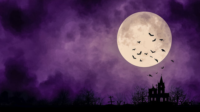 Dark night full moon on beautiful blue and purple neon color in cloudy night sky, with blank copy space. Halloween background.