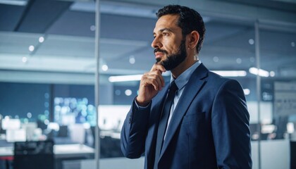 A thoughtful businessman in a suit stands in a modern office, contemplating while looking into the distance.